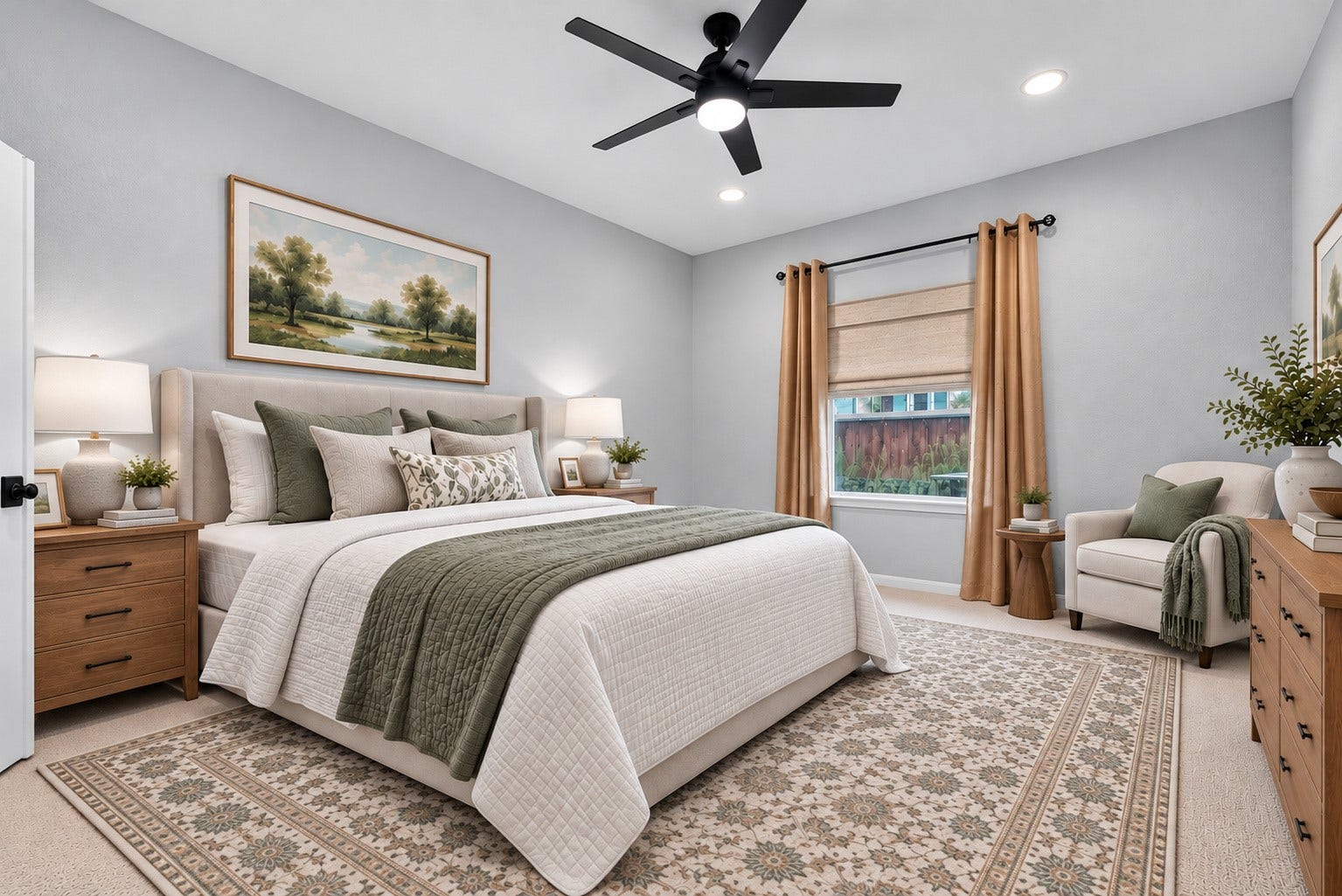 7707 Stone Arbor Drive, Sugar Land, TX 77479 VIRTUALLY STAGED AS BEDROOM #4! Need an additional bedroom on the first floor? This virtually staged photograph illustrates how comfortably the Study can accommodate a bed, nightstands, dresser & even a cozy chair for reading. The French doors add architectural character, while the nearby full bath makes this an appealing option for overnight guests. Whether used as a bedroom every day or simply when company comes to visit, this flexible space offers wonderful possibilities.