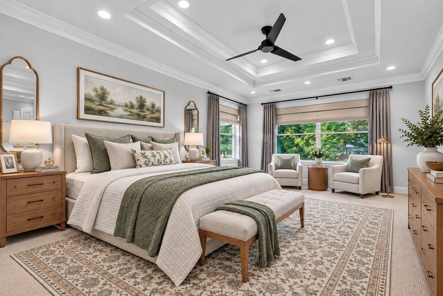 7707 Stone Arbor Drive, Sugar Land, TX 77479 VIRTUALLY STAGED FOR REST & RELAXATION! Imagine waking up to beautiful views of the backyard pool, enjoying your morning coffee in a comfortable sitting area or curling up with a good book before bedtime. This virtually staged photograph illustrates how easily the spacious Primary Bedroom accommodates a king-size bed, nightstands, dresser & two inviting chairs overlooking the backyard. With its elegant tray ceiling & generous proportions, this is a wonderful retreat to begin & end each day.