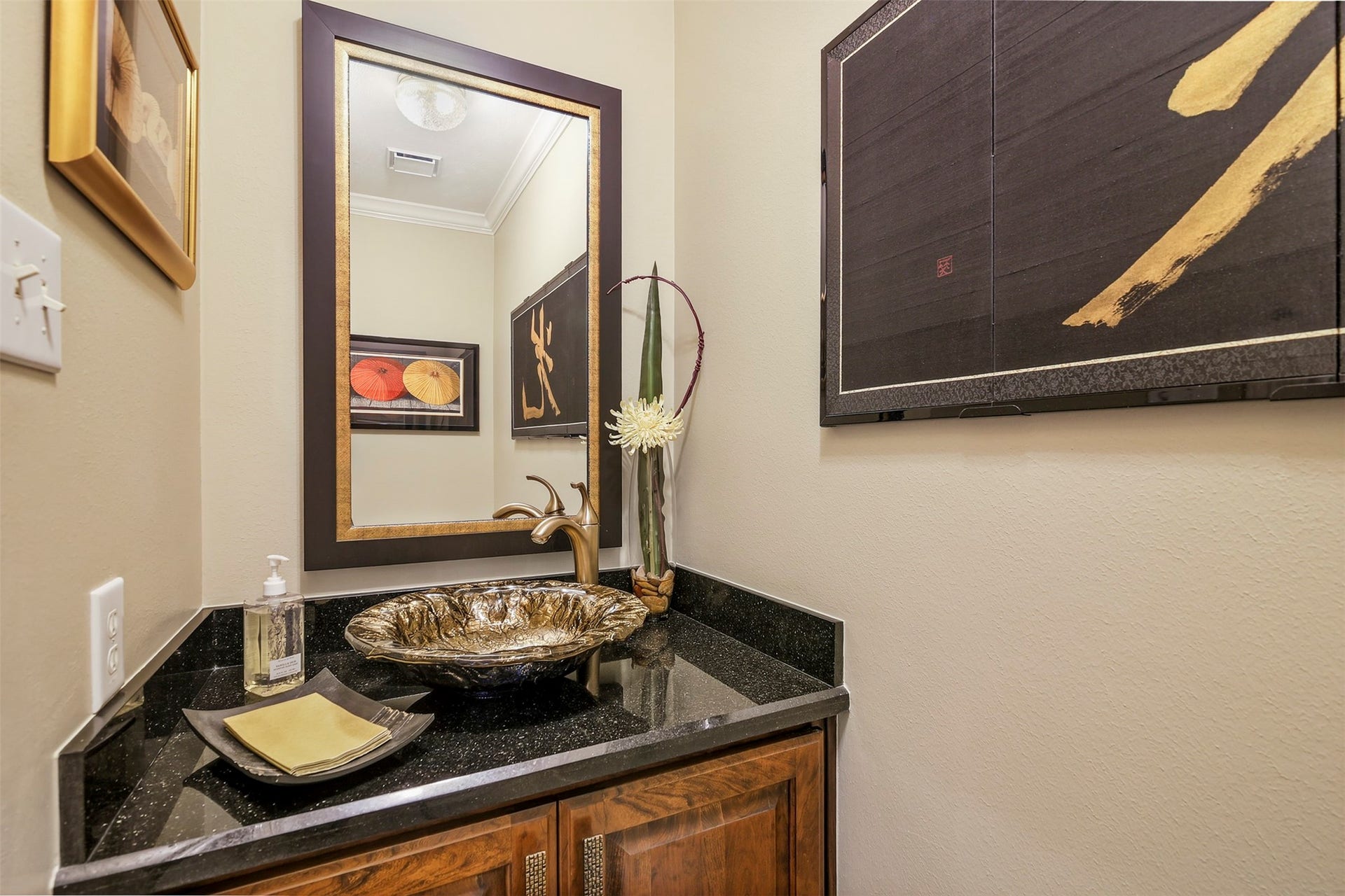 1414 Forest Bend, Sugar Land, TX 77479 Half bathroom downstairs with custom sink and vanity.