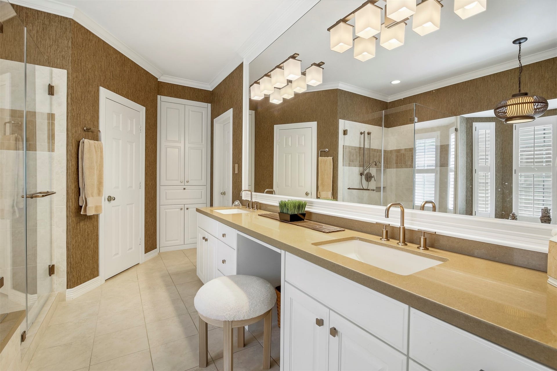 1414 Forest Bend, Sugar Land, TX 77479 Primary bathroom has been updated to include quartz countertops with double sinks and knee space vanity area.