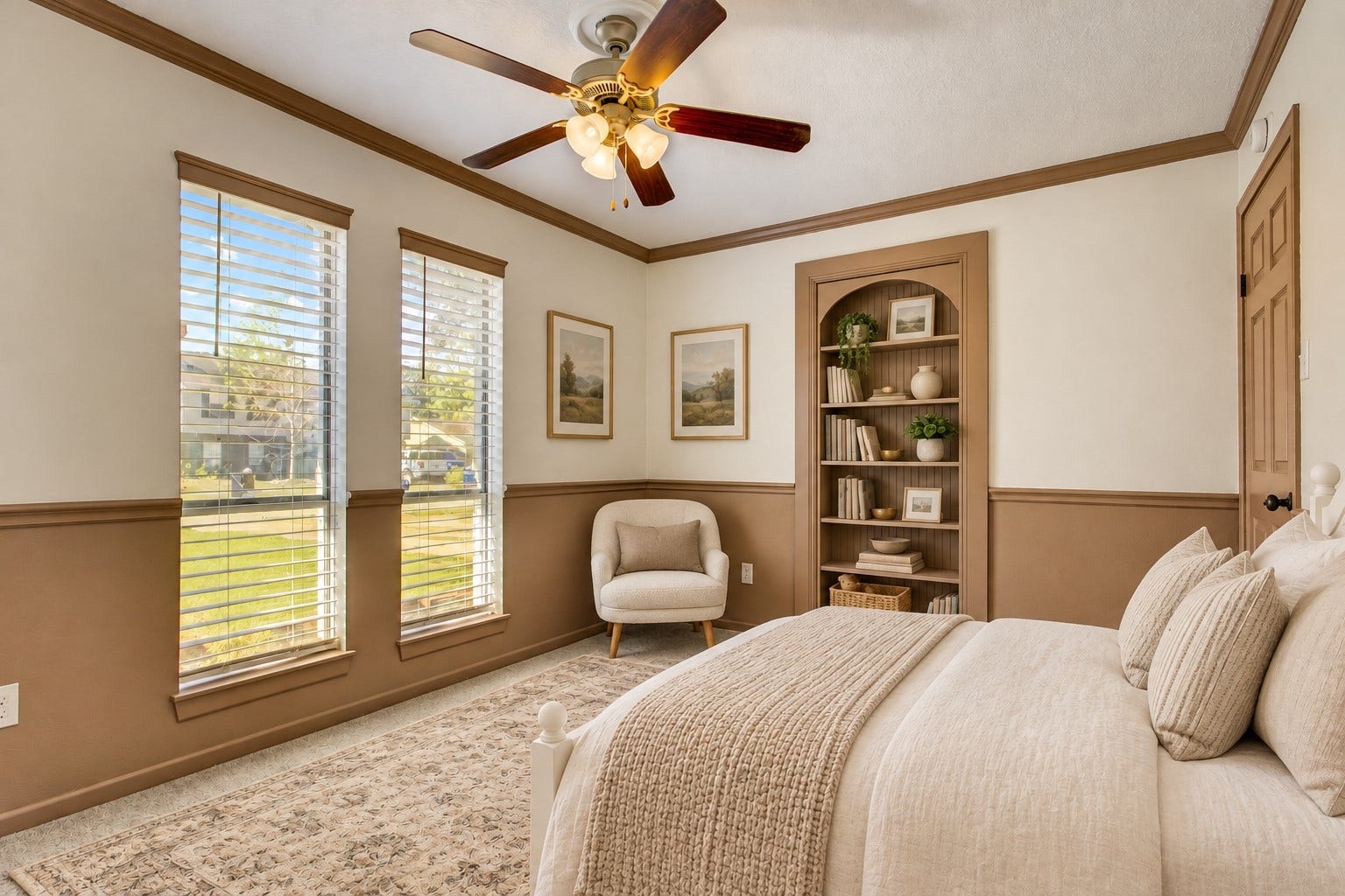 15127 Mcconn Street, Houston, TX 77598 Bedroom #2 has beautiful custom wainscoting and shelving *virtually staged*