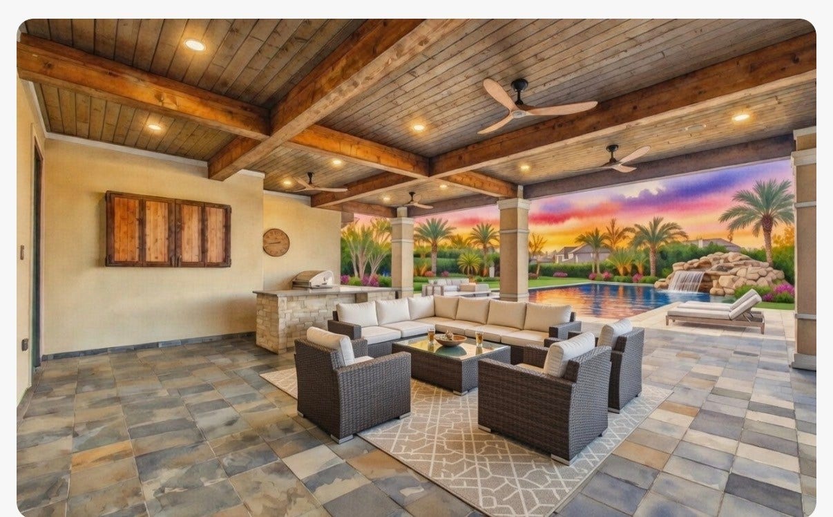 Virtually staged backyard with a virtual pool. The palm trees are also a virtual representation