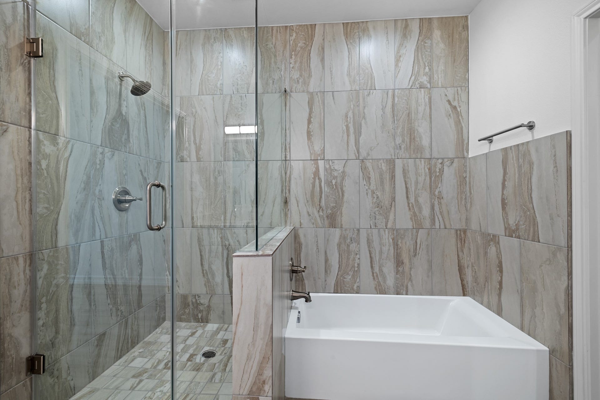 Another view of this GORGEOUS bathroom highlighting the walk-in shower and soaking tub. #Calgontakemeaway