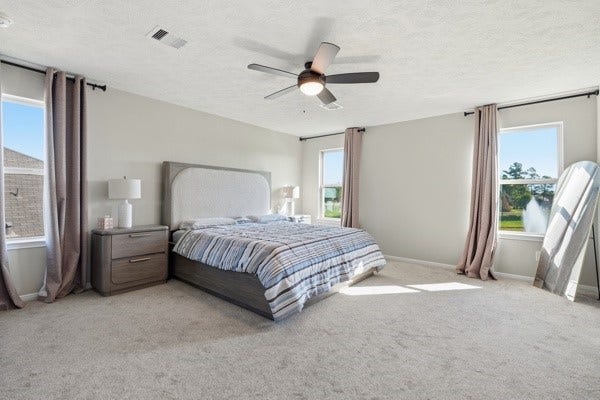 15334 Silver Breeze Lane, Houston, TX 77044 Spacious and bright bedroom with large windows, plush carpeting, and a modern ceiling fan, offering a serene retreat.