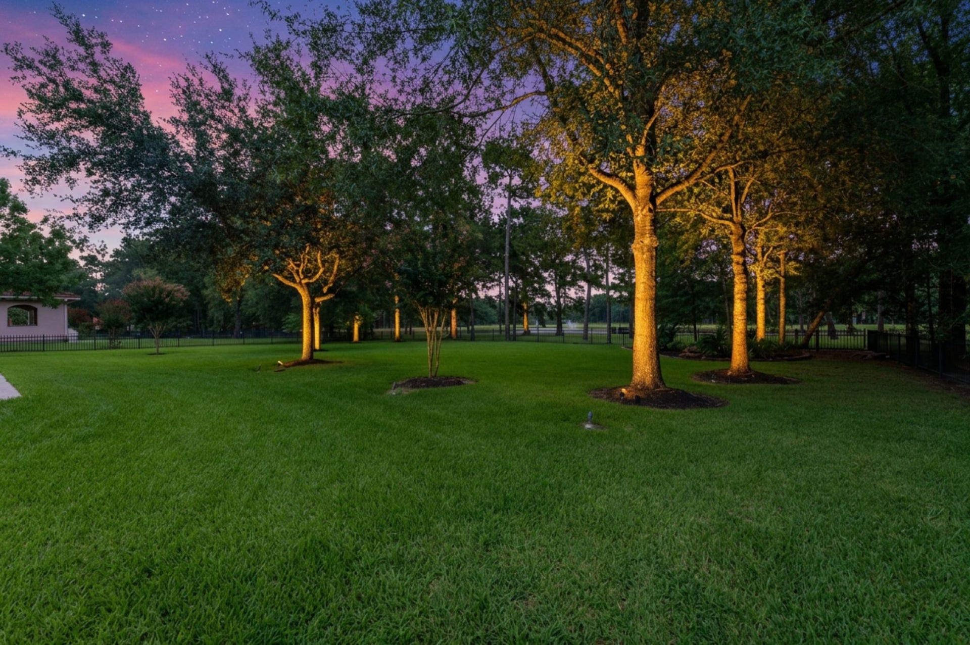 28427 Woodsons Lake Drive, Spring, TX 77386 Beautiful uplighting on the back yard trees.