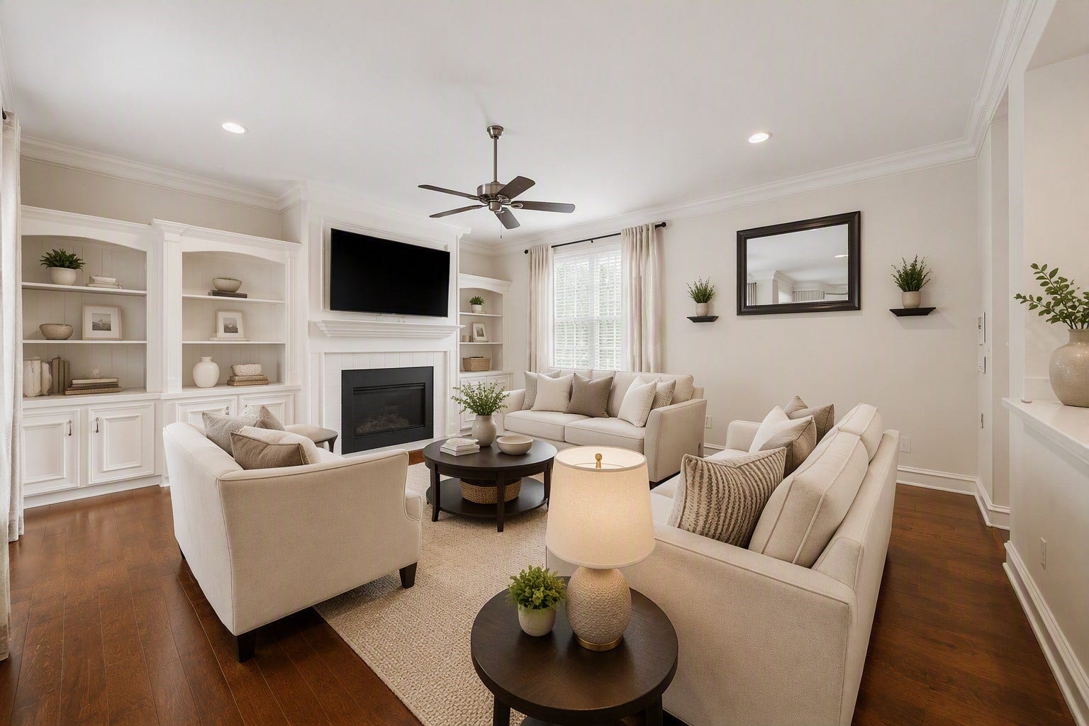 1606 Clearwater Creek Drive, Sugar Land, TX 77478 Family room Virtually staged with neutral decor. Lots of natural light. Lots of storage and display shelving. Dark hardwood flooring is classic and always on trend!