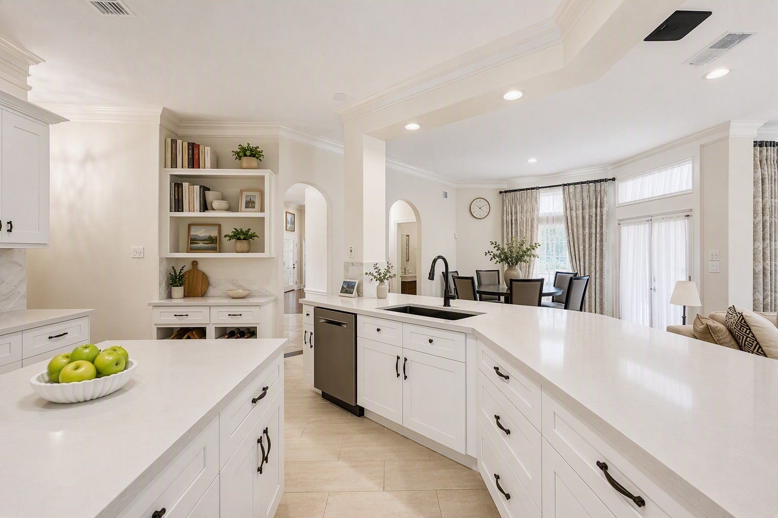 1606 Clearwater Creek Drive, Sugar Land, TX 77478 This kitchen is super functional, with ample cabinets and drawers for pots, pans and all of your other culinary gadgets. Decor virtually staged.