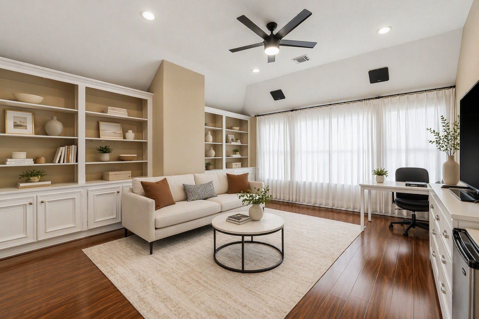 1606 Clearwater Creek Drive, Sugar Land, TX 77478 Upstairs game room reimagined with neutral decor. Virtually Staged