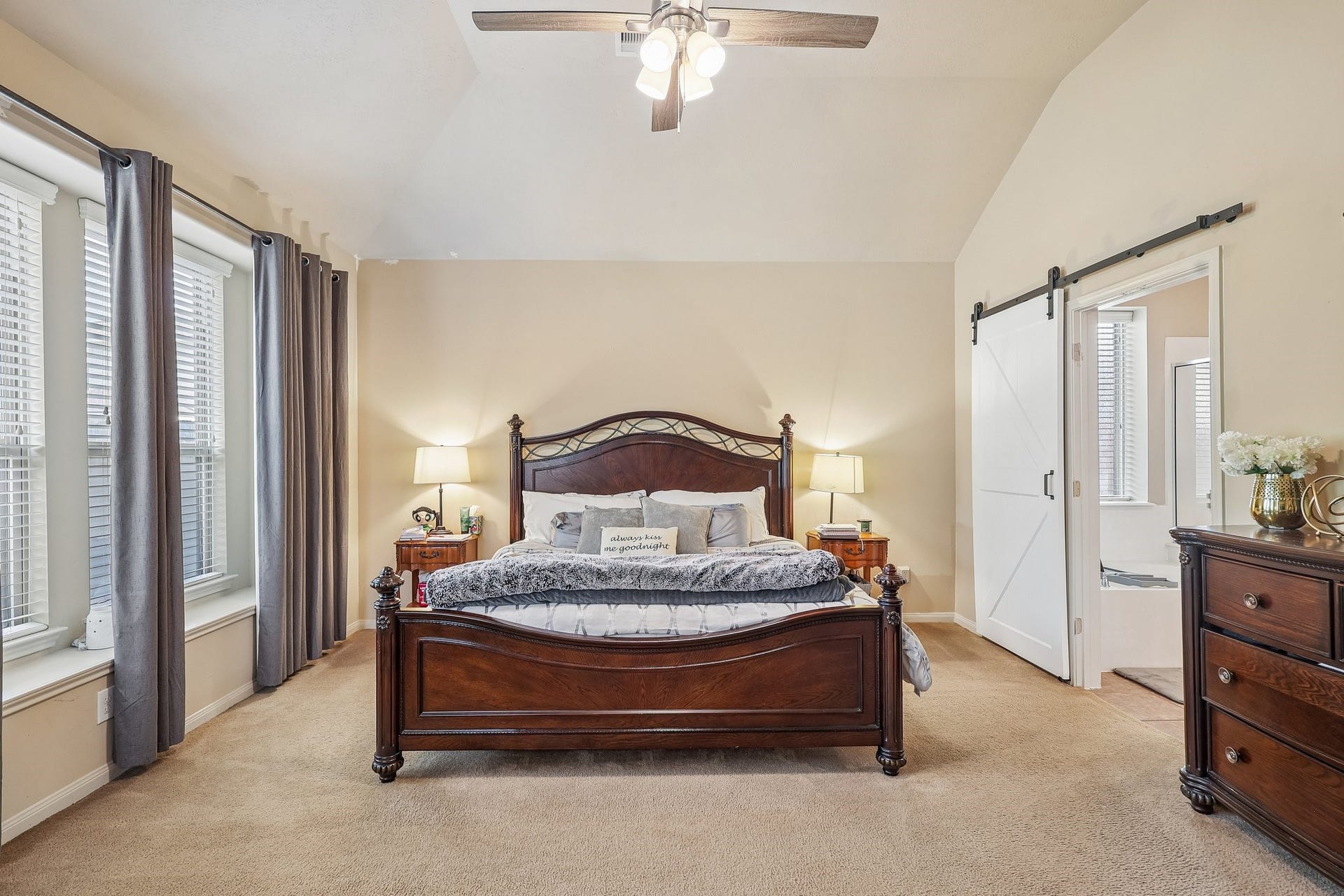 4731 Maple Creek Drive, Fresno, TX 77545 The primary suite, sitting space and a barn door to the bath