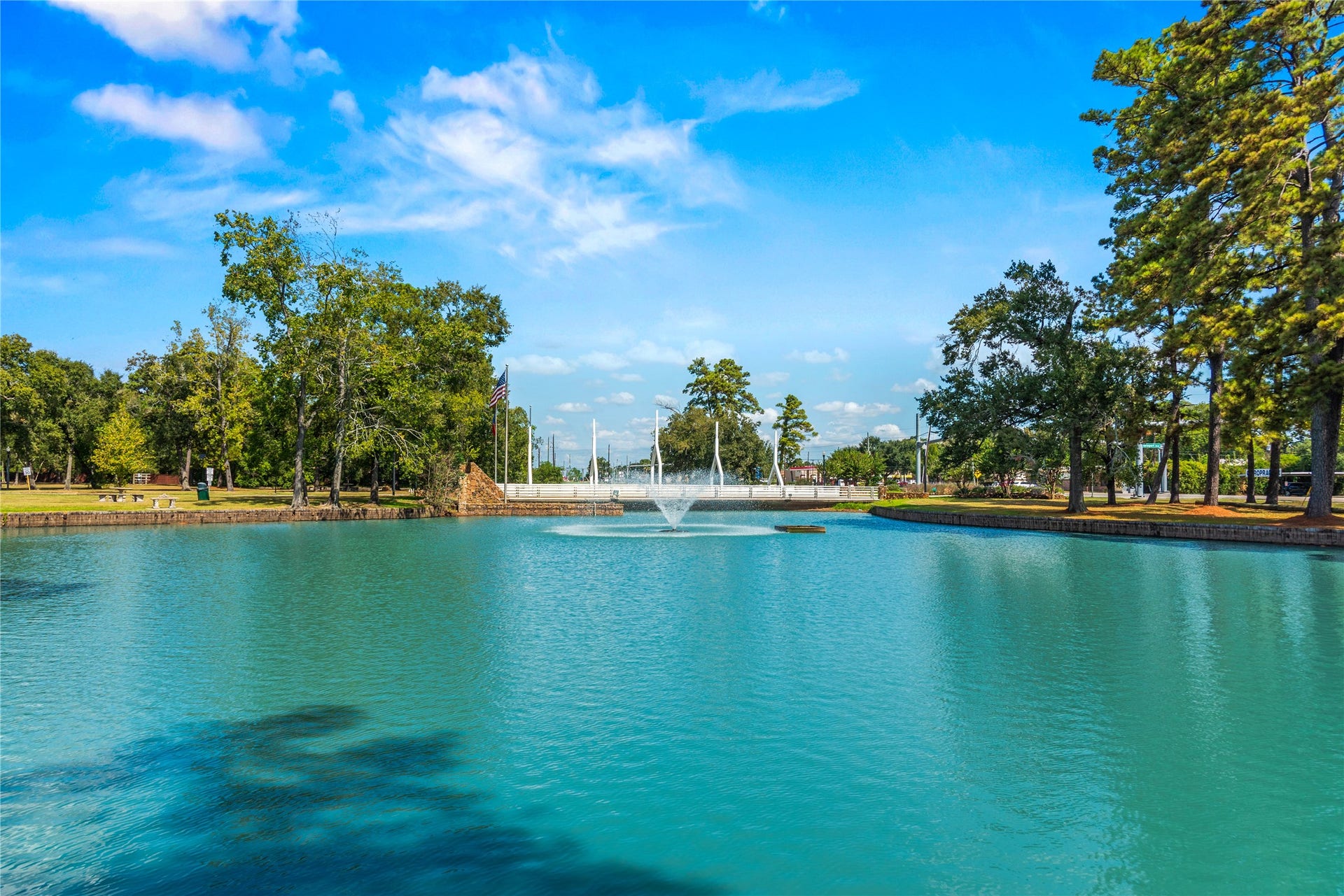 Community lake with a fountain and a tree-lined shoreline.
