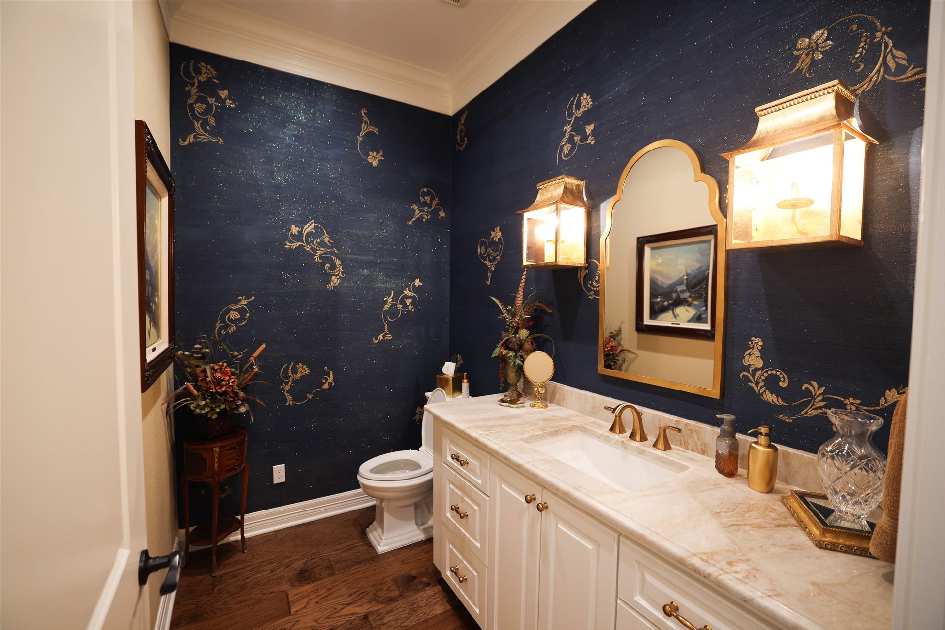 6310 N Lazy Meadow Way, Spring, TX 77386 Powder Bath w/ custom navy faux finish & gold decorative detailing