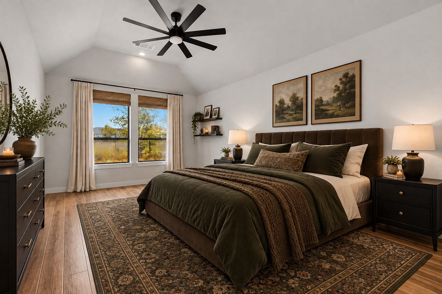 6718 Waxbill Road, Katy, TX 77493 The primary bedroom welcomes you with bright natural light, high ceilings, and the perfect view of the serene yard. It sits at the back of the home offering additional privacy and easily fits a king size bed plus furniture! *This room has been virtually staged
