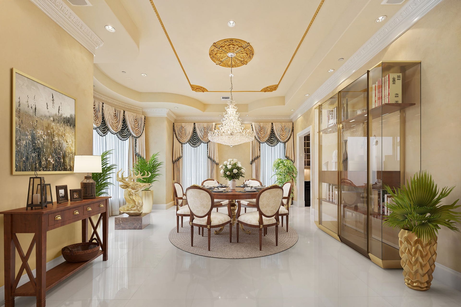 29310 Martelly Way, Huffman, TX 77336 The formal dining room is defined by an exquisite crystal chandelier, intricate ceiling detailing, and elegant architectural finishes, creating a spectacular setting for intimate dinners or grand-scale entertaining.*Virtual staging was used in this image.