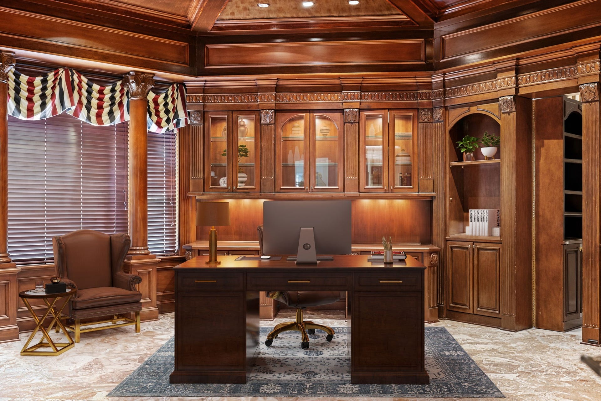 29310 Martelly Way, Huffman, TX 77336 Rich handcrafted wood paneling, illuminated glass display cabinetry, fluted columns, and a coffered ceiling create an executive office.