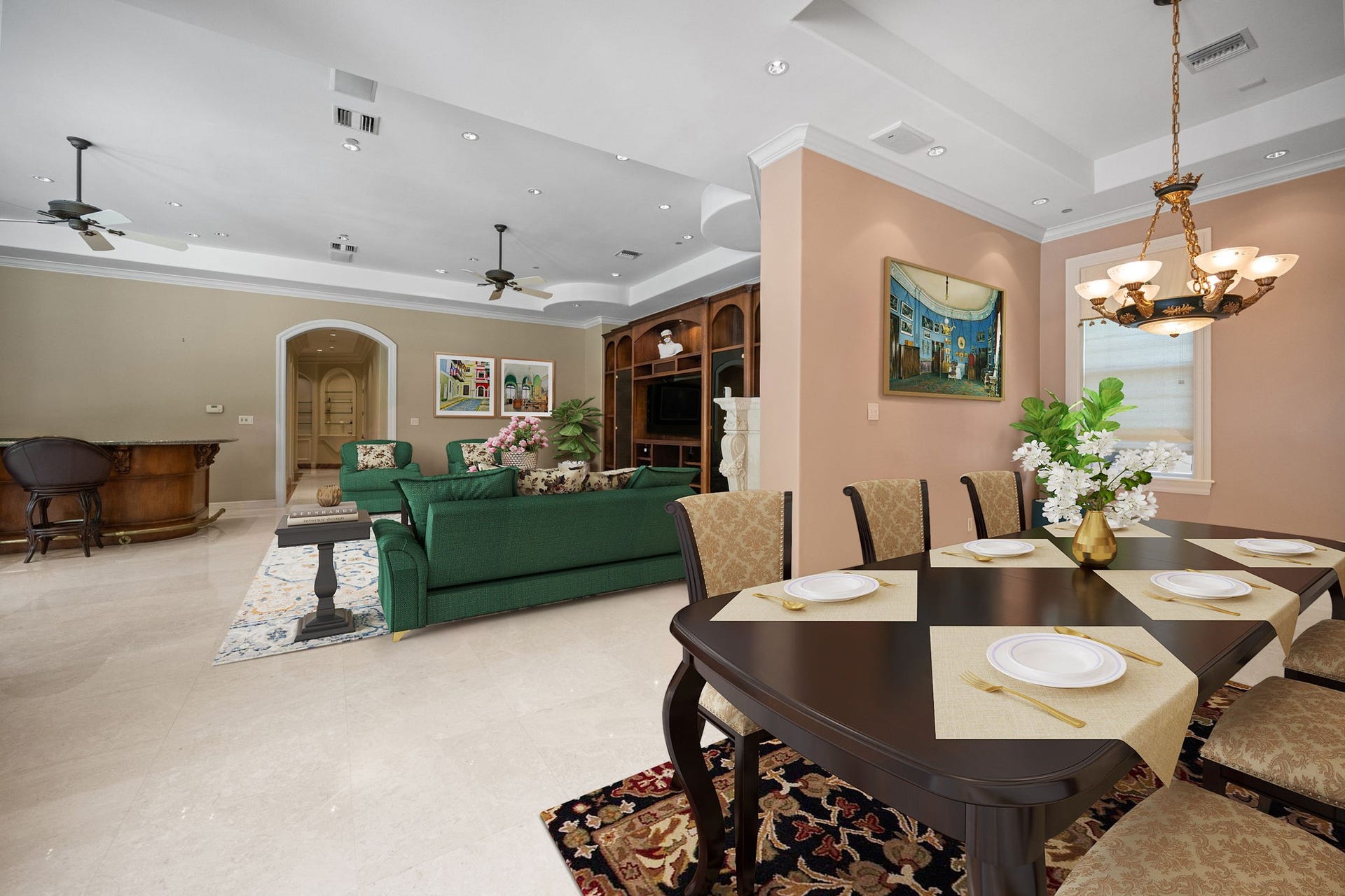 29310 Martelly Way, Huffman, TX 77336 Secondary living room and dining room include intricate tray ceilings, extensive recessed lighting, rich custom built-ins, and walls of soft neutral tones that create an inviting yet sophisticated atmosphere.
