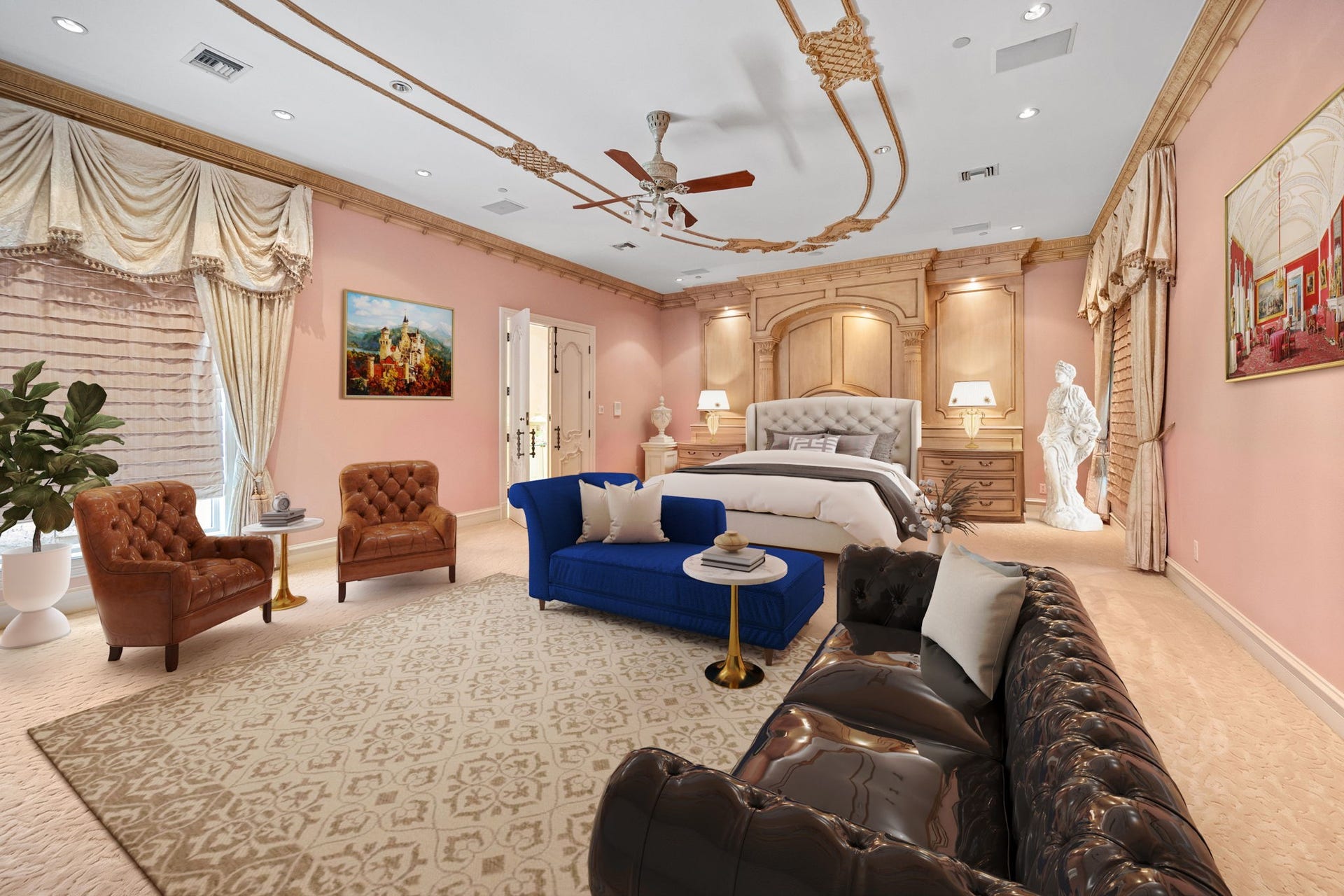 29310 Martelly Way, Huffman, TX 77336 An extraordinary owner's retreat featuring intricate ceiling moldings, custom built-ins, elegant wall paneling, and a spacious sitting area, all thoughtfully designed to create a private sanctuary worthy of the estate.