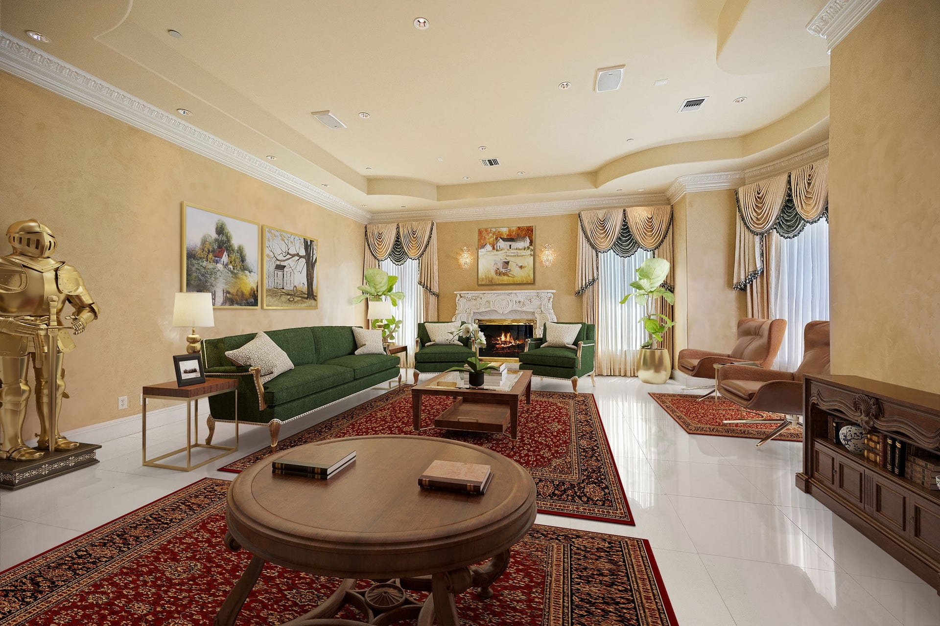 29310 Martelly Way, Huffman, TX 77336 Formal living is designed for elegant entertaining, the formal living room is anchored by an ornate carved fireplace and framed by soaring ceilings, custom drapery, and abundant natural light that accentuates the home's timeless architecture.