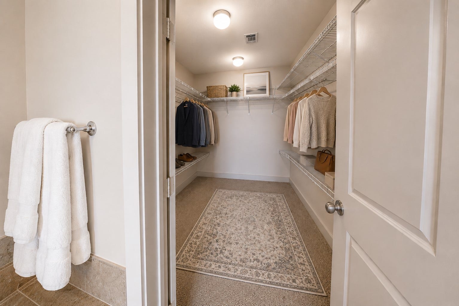 1400 McKinney Street, #2401, Houston, TX 77010 Virtually staged to showcase the possibilities of this spacious walk-in closet, featuring extensive shelving and abundant room for wardrobe storage and organization.
