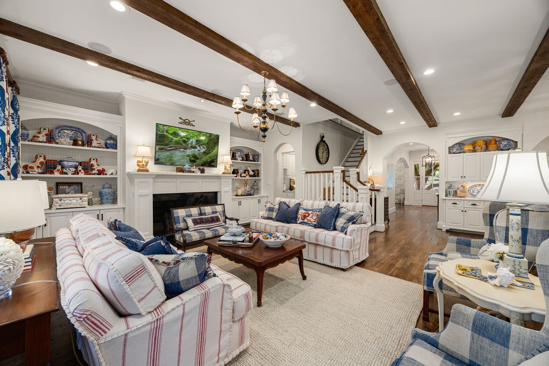 13110 Tosca Lane, Houston, TX 77079 Family room with beautiful beams and fireplace