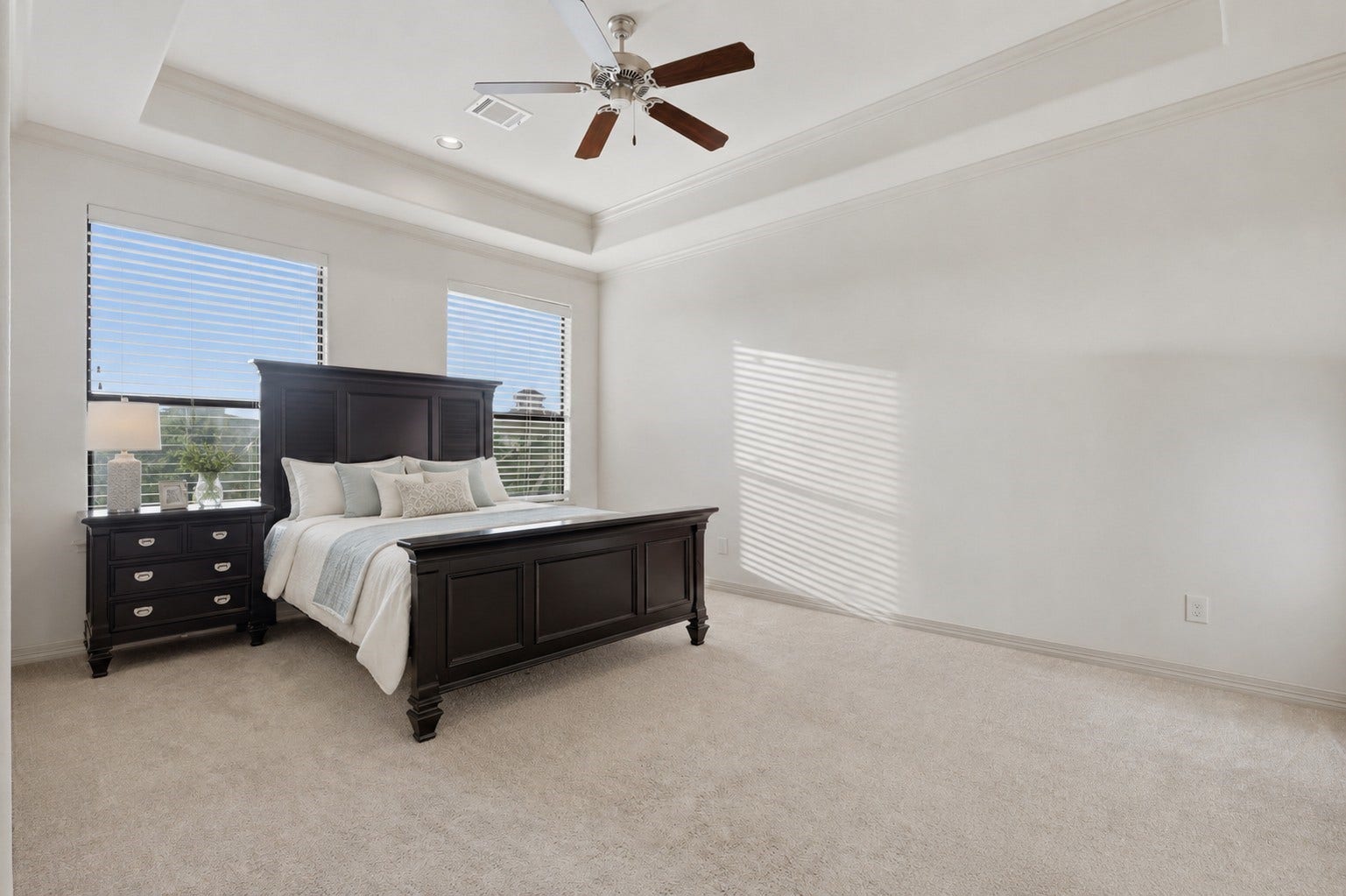 Spacious Bedroom 5 showcases a tray ceiling, ceiling fan, soft carpeting, and dual-window natural light.
