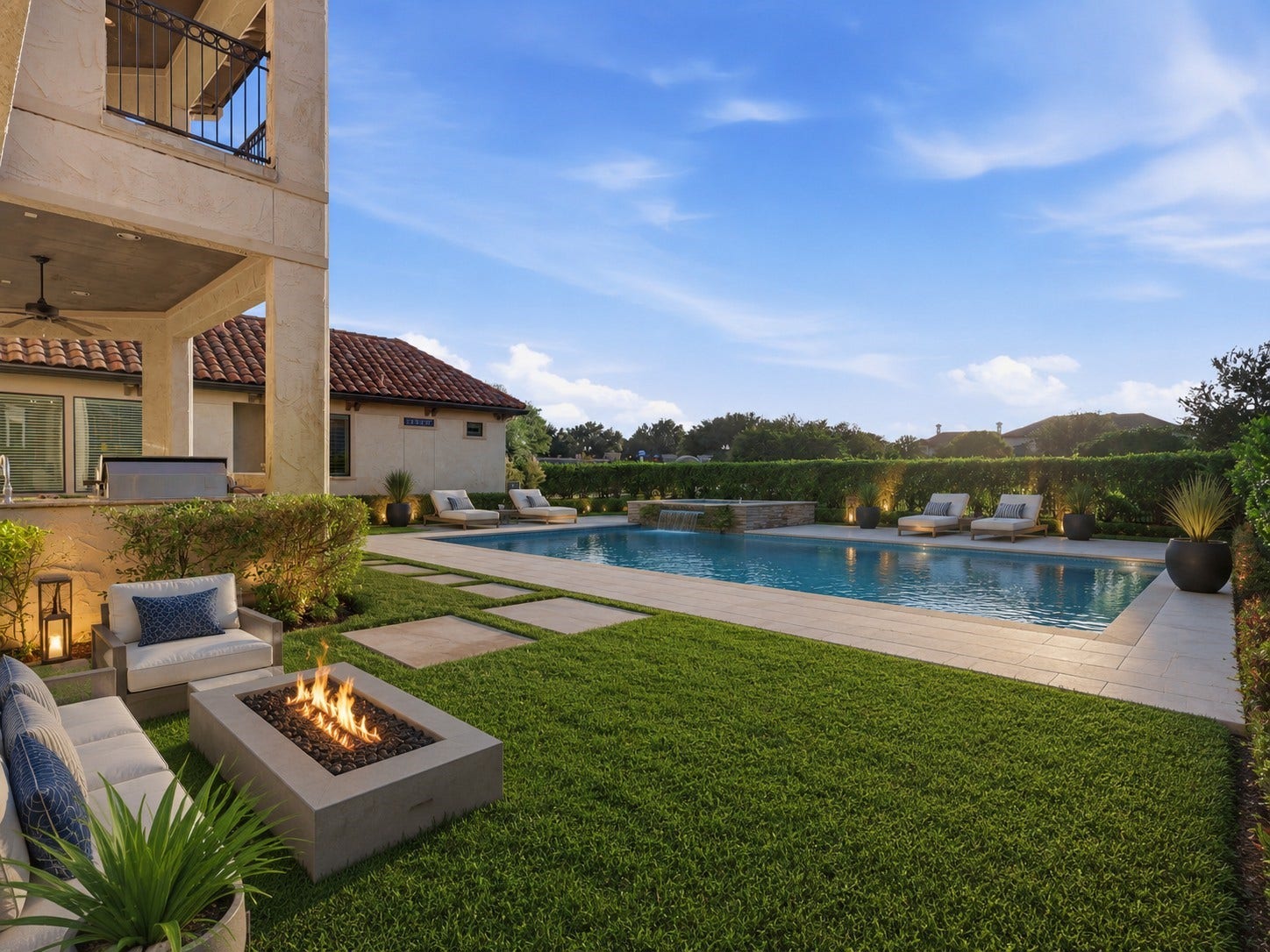 Perimeter view of the secluded, manicured yard showcasing ample room to create your ideal pool, spa, or outdoor entertaining retreat.**Pool and furnishings are AI-rendered.