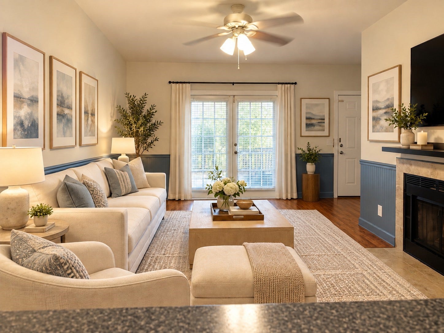 2121 El Paseo Street, #1511, Houston, TX 77054 Virtually staged to showcase the living room's potential as a warm and welcoming space to call home, with natural light flowing through the french doors.