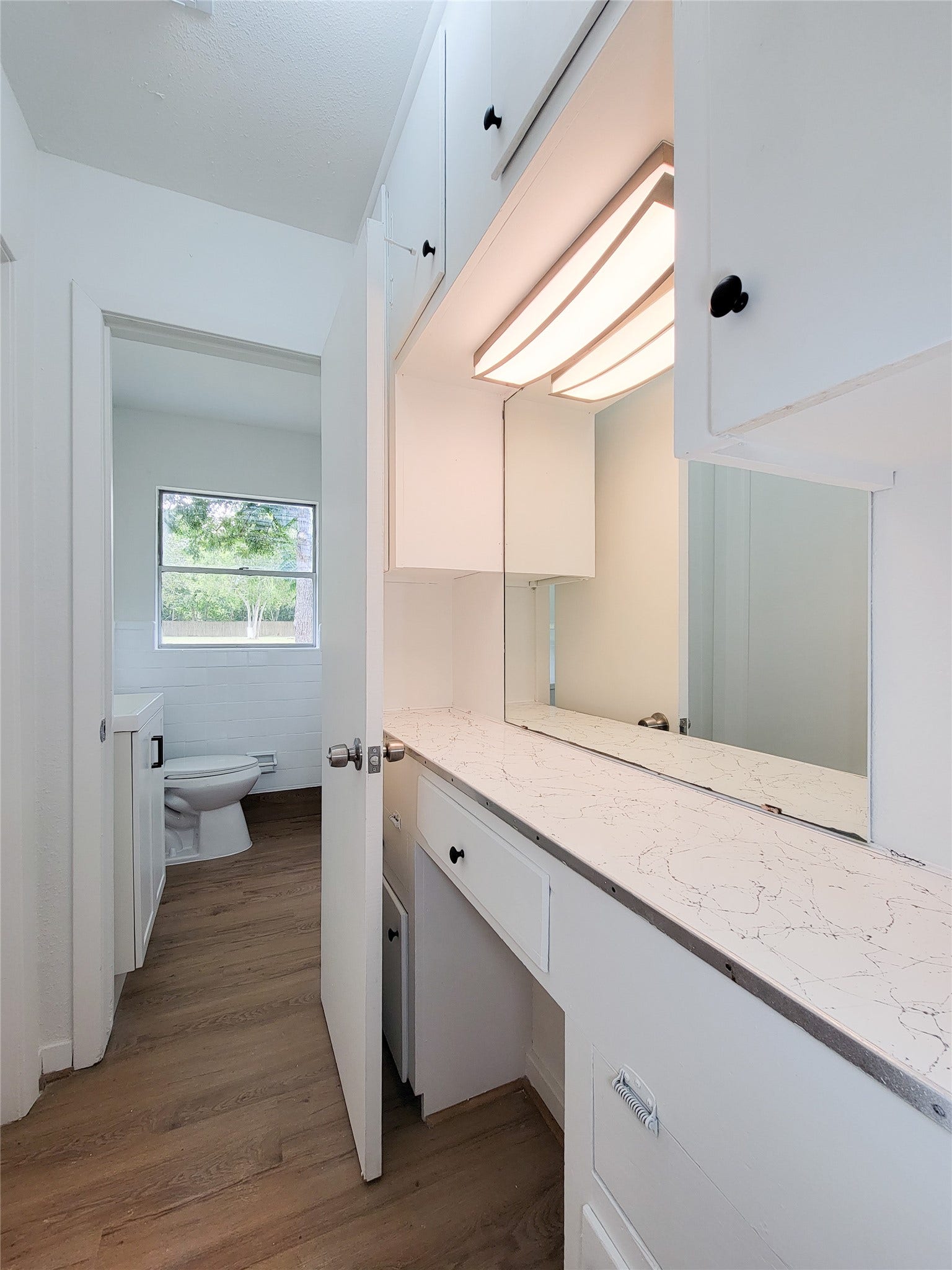 2605 W Dumble Street, Alvin, TX 77511 Experience a bright bathroom featuring modern lighting, ample cabinetry, and a scenic window view, perfect for serene mornings.