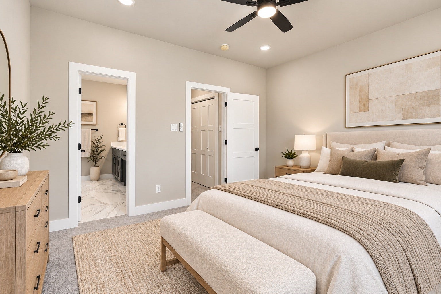 4313 Clover Street, #A/B, Houston, TX 77051 Spacious bedroom with en-suite bath, walk-in closet, ceiling fan and modern finishes.
*staging is AI generated*