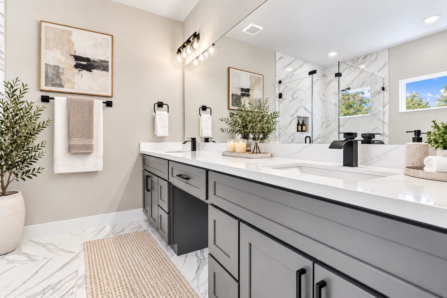 4313 Clover Street, #A/B, Houston, TX 77051 Elegant bathroom featuring a dual-sink vanity with sleek black fixtures, a large mirror, and stylish marble accents.