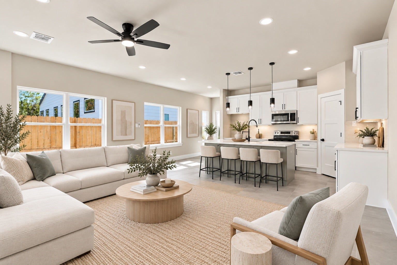 4313 Clover Street, #A/B, Houston, TX 77051 Bright and spacious open-concept living area with a modern kitchen, featuring sleek white cabinetry, a large island with bar seating, and a cozy seating area perfect for relaxation and entertaining.
*staging is AI generated*