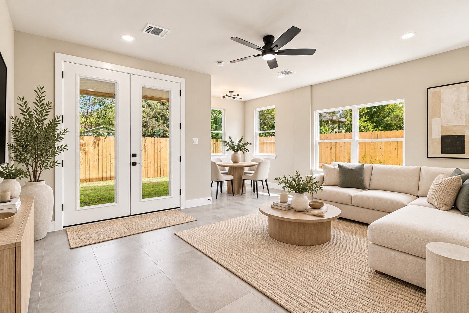 4313 Clover Street, #A/B, Houston, TX 77051 Bright and inviting living space featuring large windows and French doors leading to a sunny backyard.
*staging is AI generated*