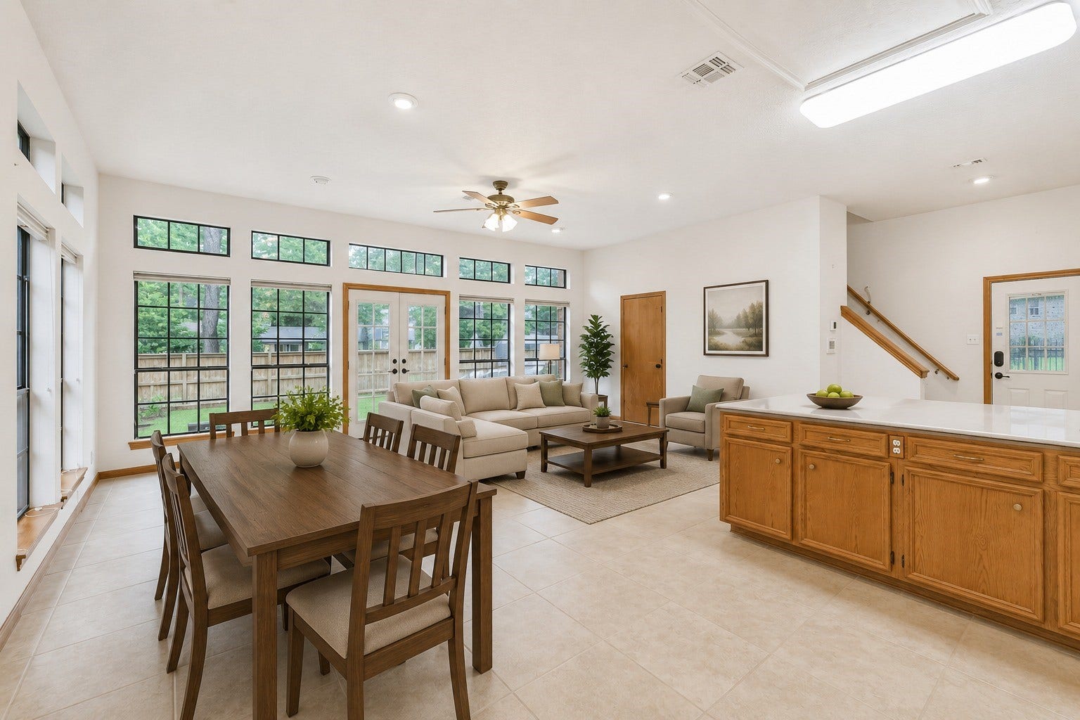 252 Springs Edge Drive, Montgomery, TX 77356 Virtually staged family room/kitchen.