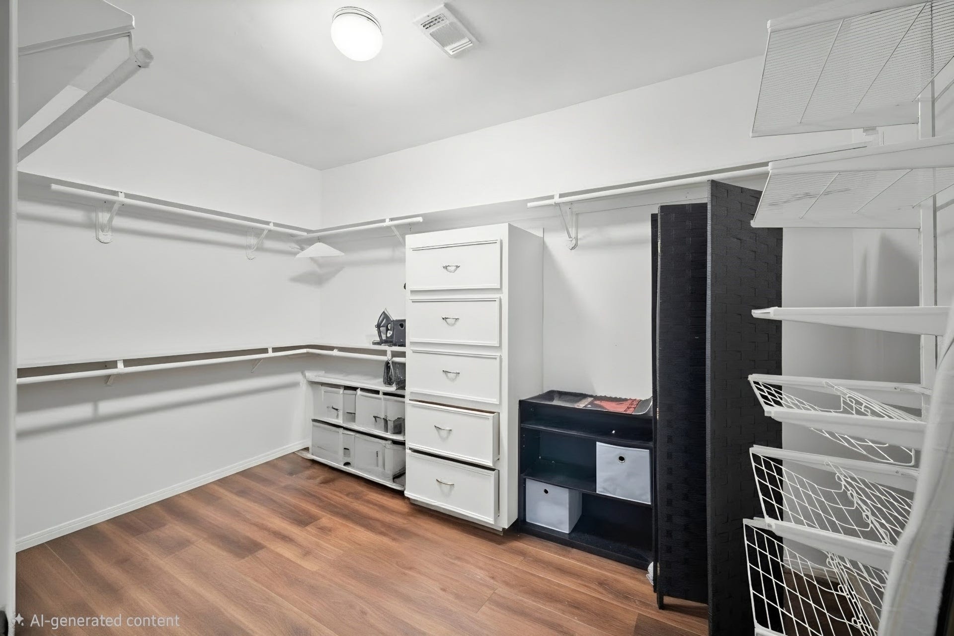 6114 Rollingbrook Drive, Houston, TX 77096 Huge Primary closet with built-in shelving, hanging racks, drawers and laminate flooring.