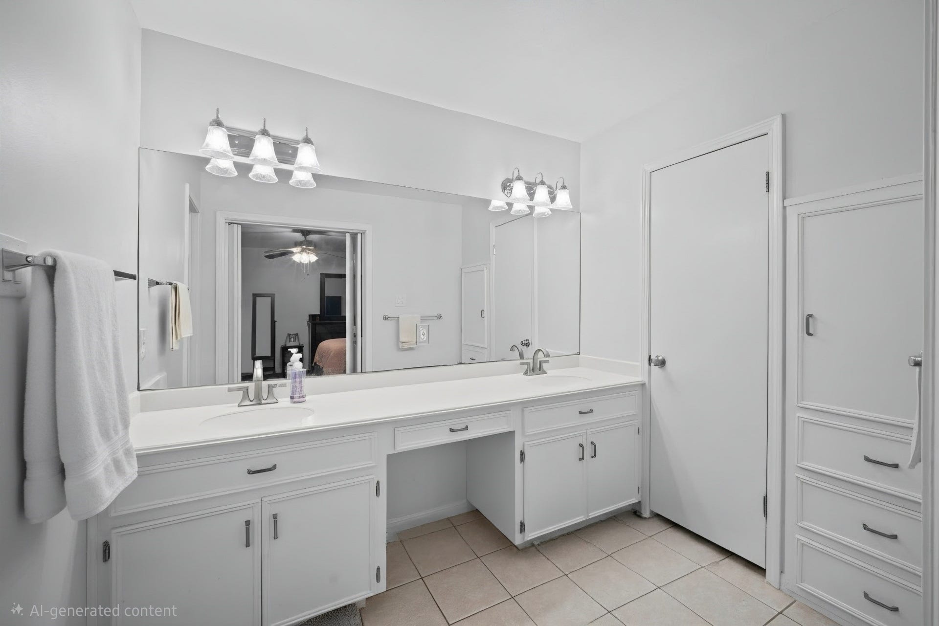 6114 Rollingbrook Drive, Houston, TX 77096 Primary bath with two sinks, tile flooring, updated lighting and additional pull out drawers to the right.
