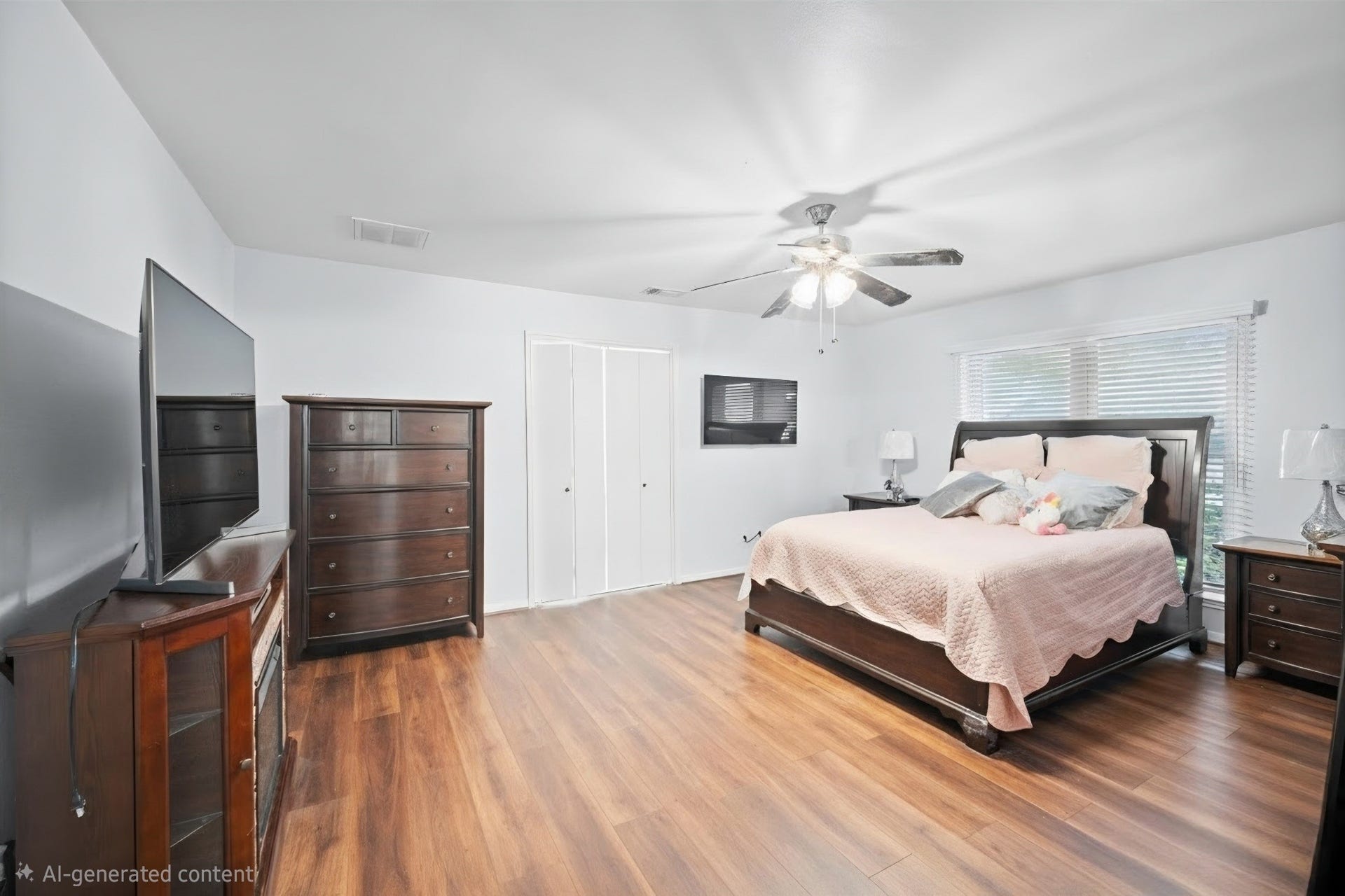 6114 Rollingbrook Drive, Houston, TX 77096 Primary bedroom. Newer laminate flooring, blinds, windows, ceiling fans, and paint throughout!