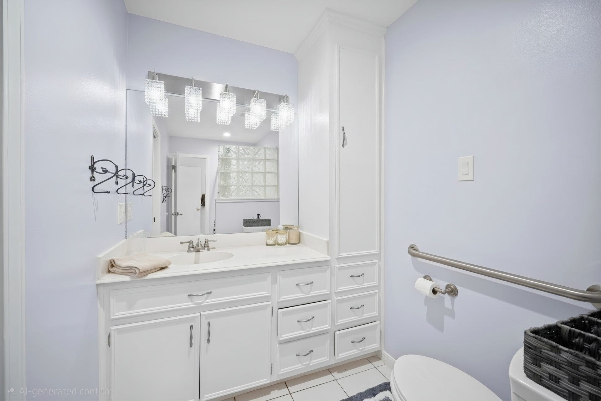6114 Rollingbrook Drive, Houston, TX 77096 1/2 bath with extra storage space, beautiful lighting, tile flooring, light colors, and conveniently close (but not too close) to the entertainment areas of the home.