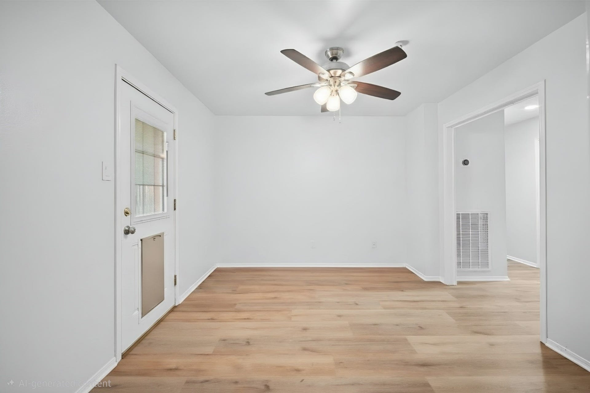 6114 Rollingbrook Drive, Houston, TX 77096 12 x 11 flex room. The door on the left leads to the backyard. To the right is a hallway leading to both the other bedrooms and the entryway. This could make for a great study or breakfast room.