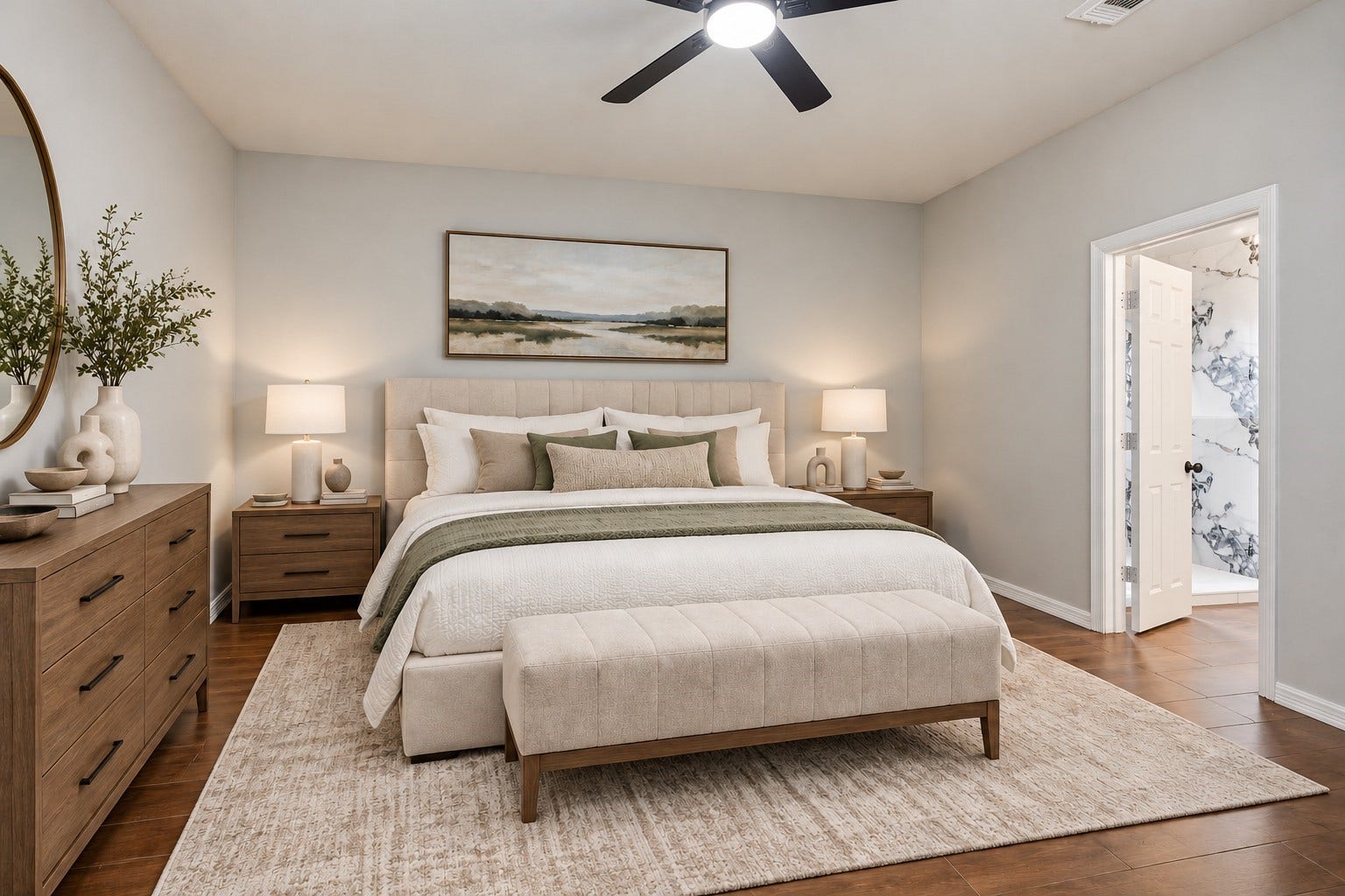 10023 Checkerberry Park Lane, Tomball, TX 77375 Virtually Staged: This spacious primary bedroom offers a serene, light-filled sanctuary designed for ultimate relaxation. Highlighted by clean architectural lines, warm flooring textures, and direct access to an en-suite bathroom.