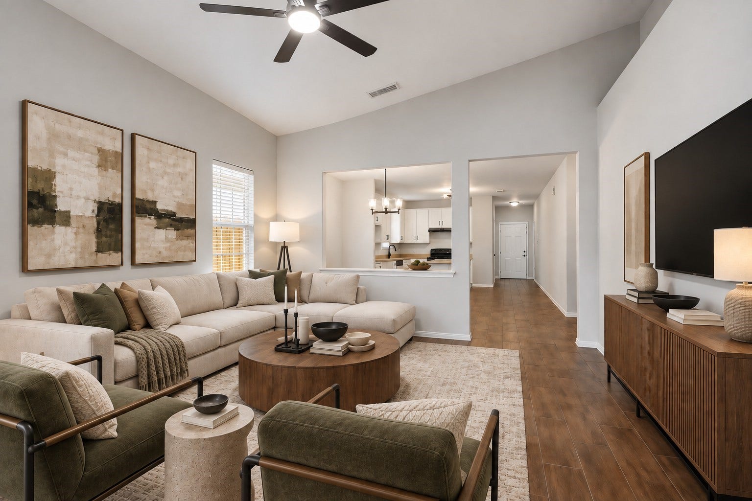 10023 Checkerberry Park Lane, Tomball, TX 77375 Virtually Staged: This inviting primary living area features a seamless open-concept design and rich wood flooring that adds warmth and comfort.