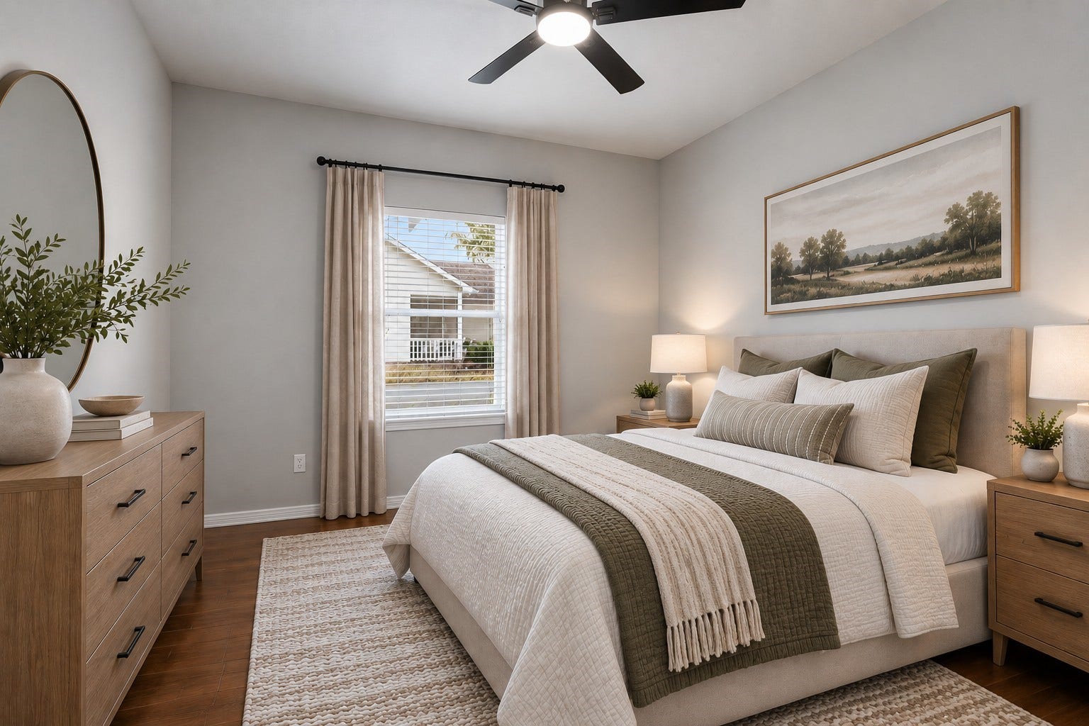 10023 Checkerberry Park Lane, Tomball, TX 77375 Virtually Staged: This comfortable secondary bedroom offers a bright and airy atmosphere, highlighted by a centered window that brings in natural light. A modern ceiling fan with an integrated light fixture provides ideal climate control.