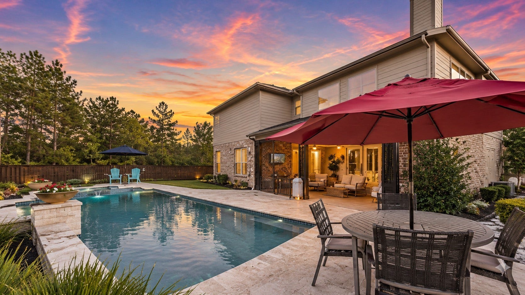 Outdoor entertaining area featuring pool, covered patio and beautifully landscaped backyard.