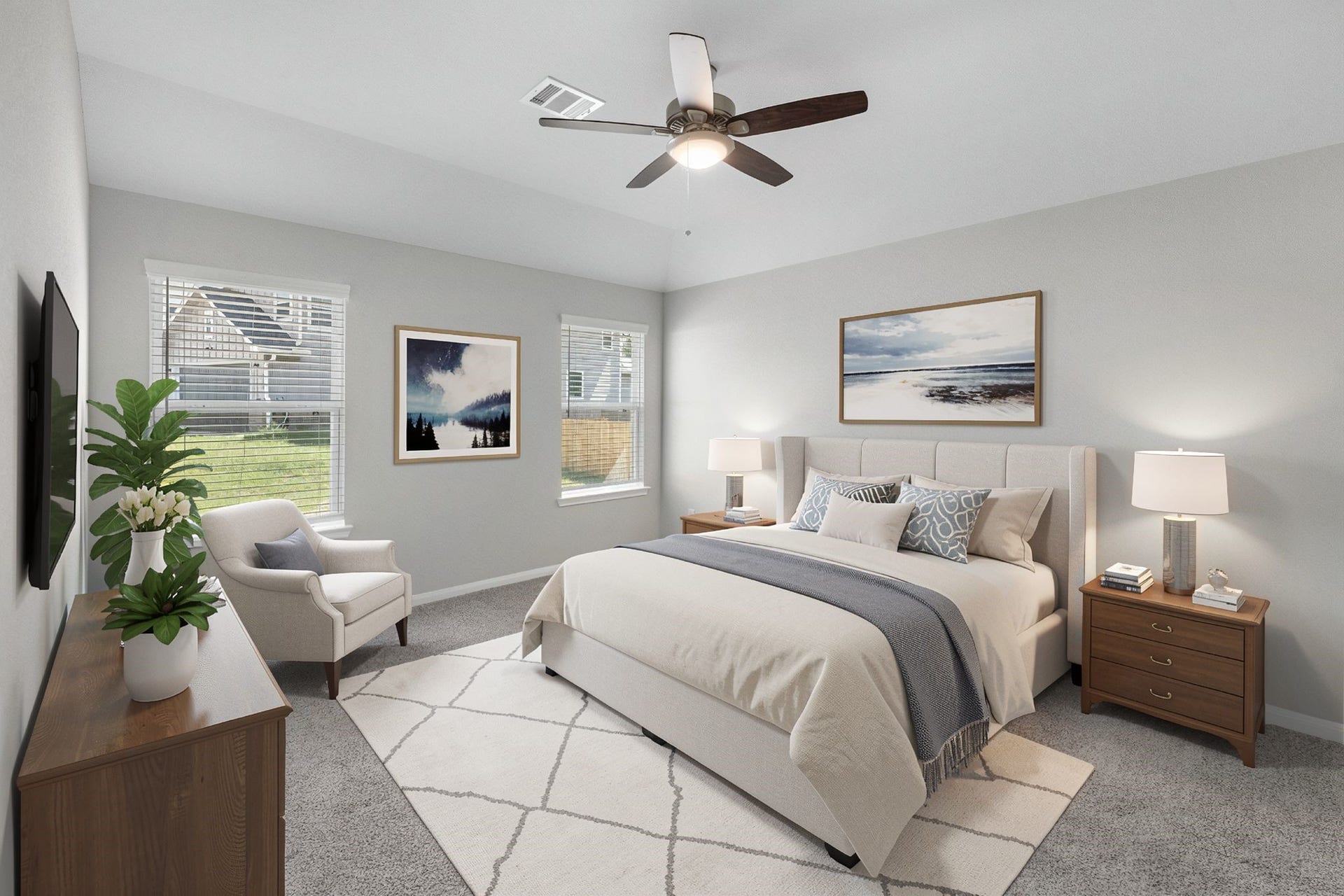 26439 Lakeshore Drive, Hempstead, TX 77445 The primary bedroom provides a relaxing retreat at the back of the home. Virtually staged to show furniture placement.