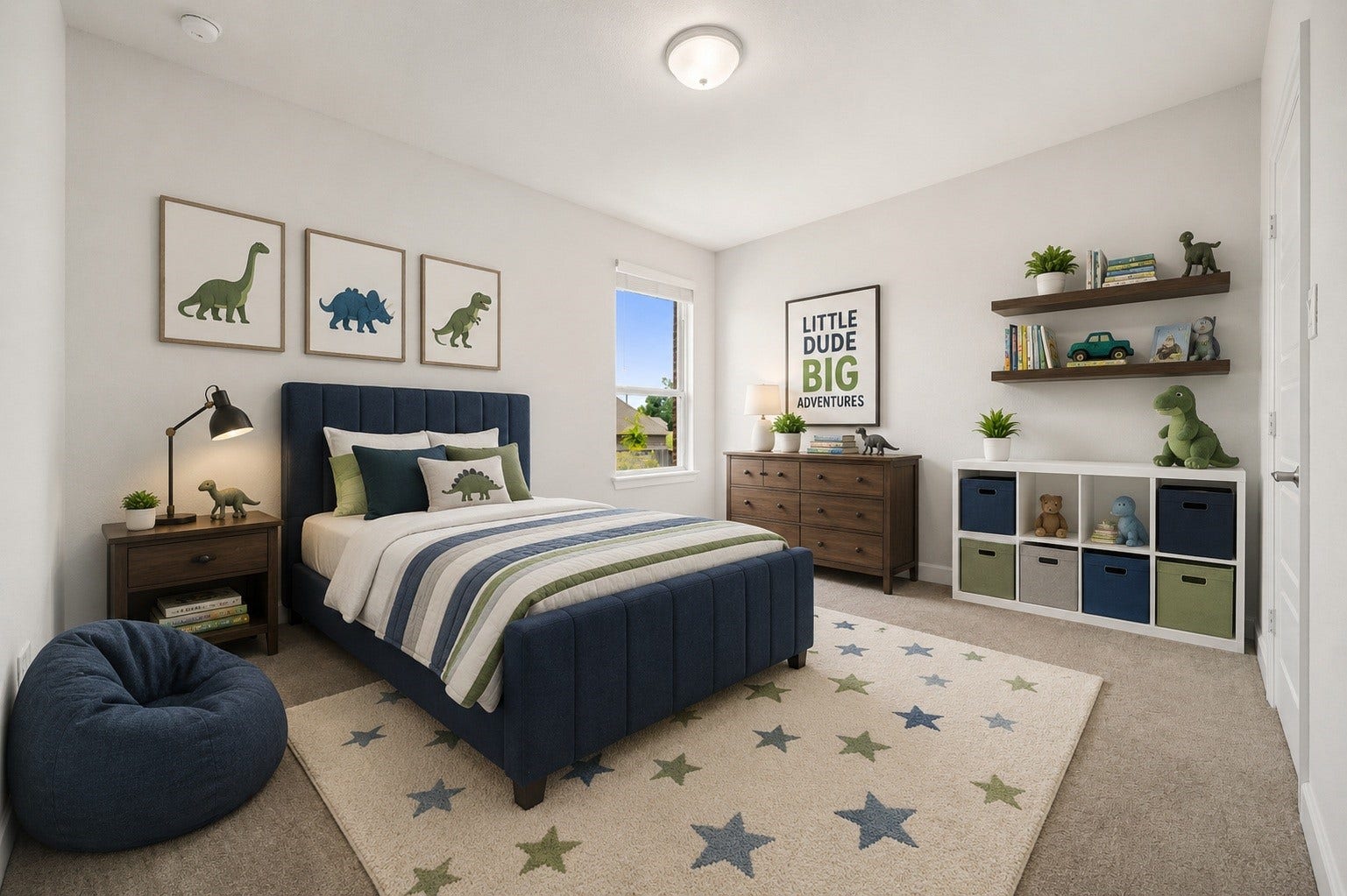 3622 Sage Hollow Drive, Spring, TX 77386 One of the spacious upstairs secondary bedrooms offers cozy carpeted floors, clean white walls, and a large window providing beautiful neighborhood views. Virtually staged.