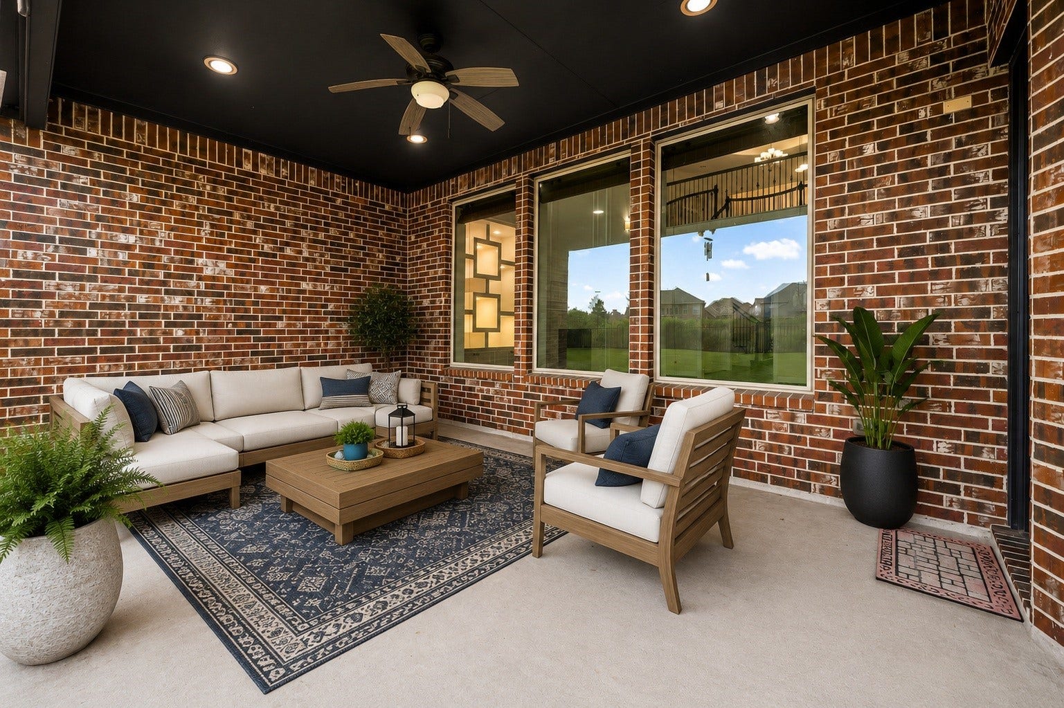 3622 Sage Hollow Drive, Spring, TX 77386 Step out onto the expansive covered back patio, beautifully styled with a dark wood-paneled ceiling, integrated recessed lighting, a cooling ceiling fan, and plenty of space for premium outdoor lounge furniture. Virtually staged.