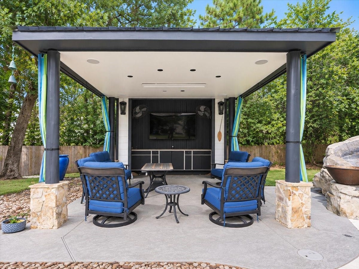 8514 Haven Way, Tomball, TX 77375 Entertain in any weather! This covered patio offers comfortable seating space, recessed lighting, two fans, and storage cabinetry, ready for weekend get-togethers.