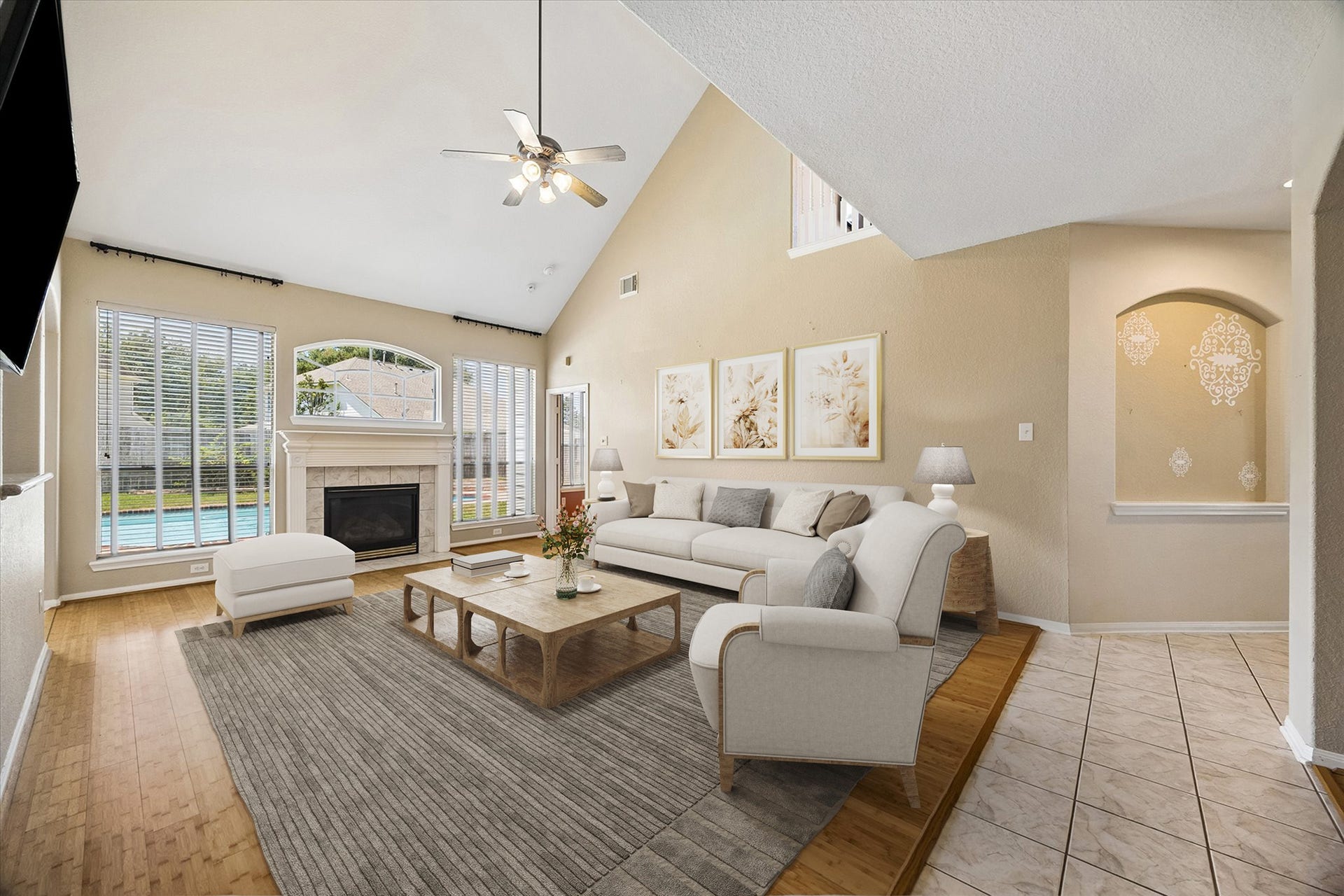 2843 Five Oaks Drive, Missouri City, TX 77459 Kick back and enjoy the view. This light filled family room pairs a gas log fireplace with warm bamboo flooring, a soaring ceiling and pool views that make everyday downtime feel a little more relaxing.