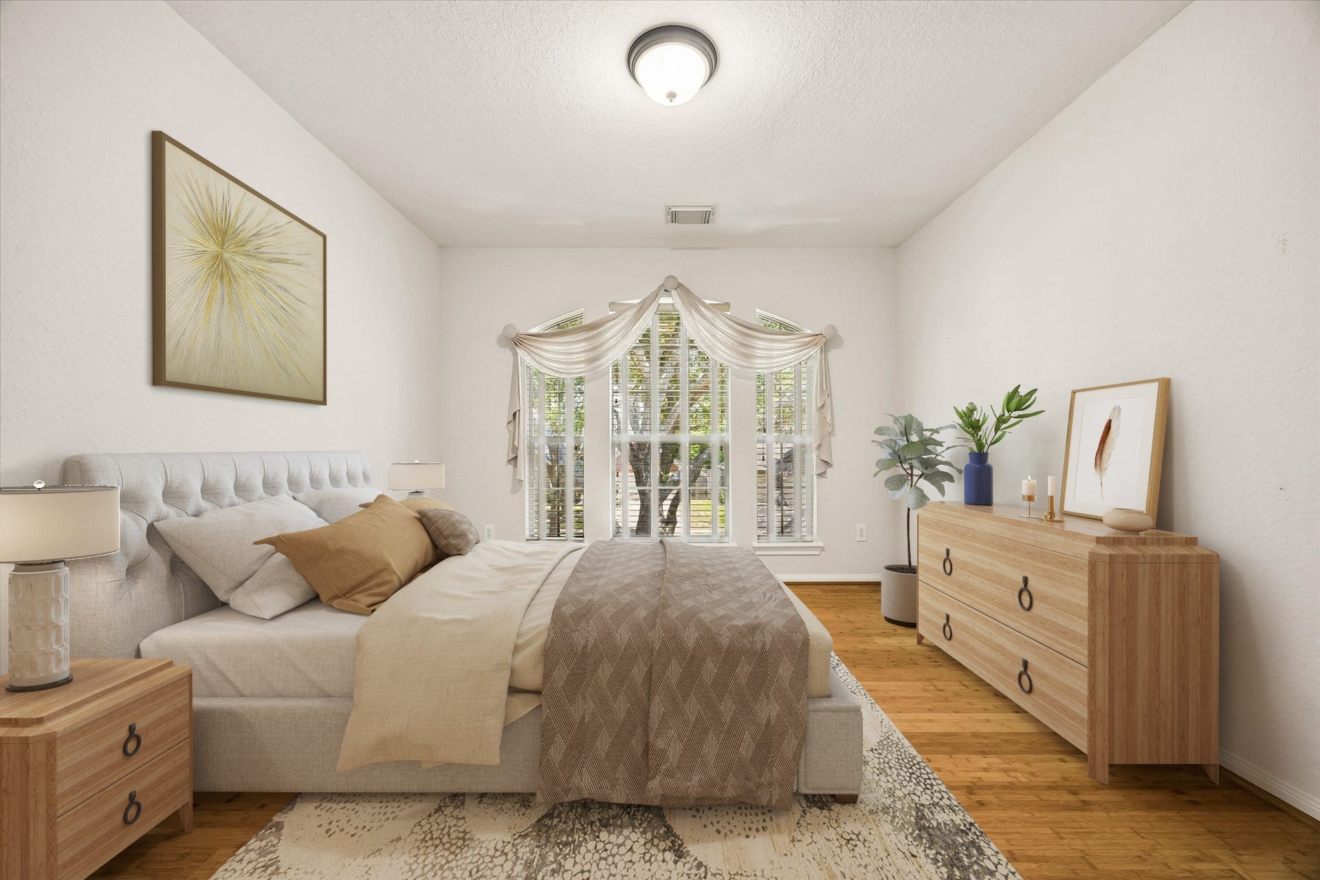2843 Five Oaks Drive, Missouri City, TX 77459 Natural light and bamboo flooring give this roomy guest bedroom a warm, inviting feel, while a large closet and nearby full bathroom make it ready for overnight guests or everyday living.