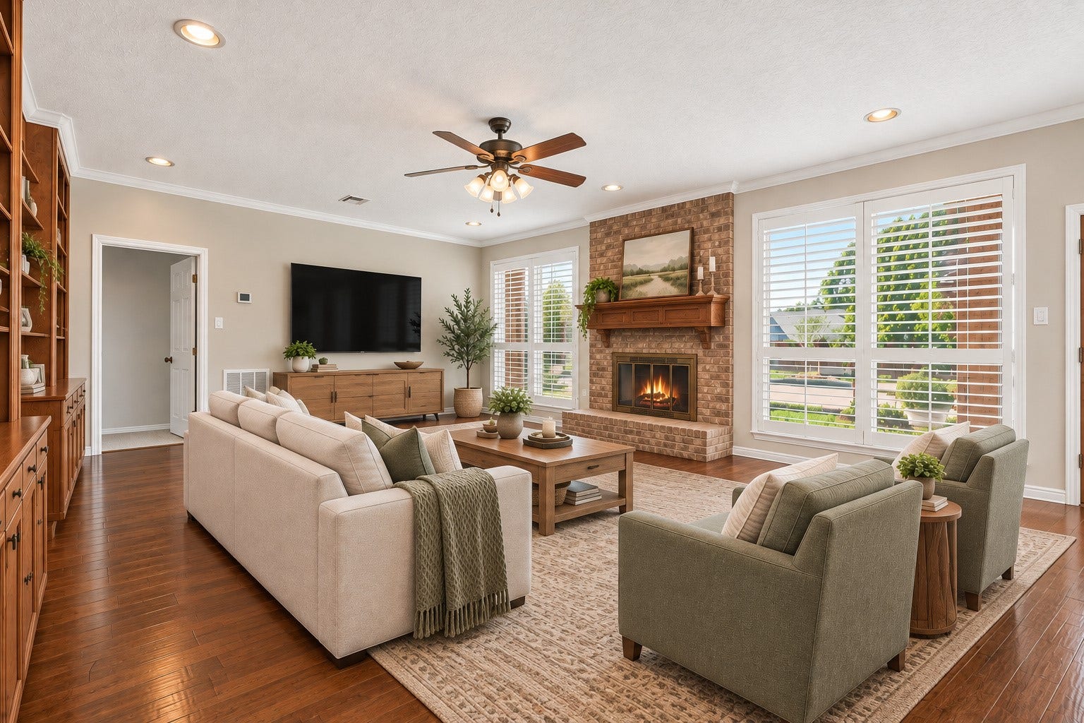 VIRTUALLY STAGED TO INSPIRE YOUR IMAGINATION! Just imagine settling into this spacious family room for movie nights, watching the big game or relaxing by the fireplace! This virtually staged photo illustrates how a comfortable sofa, two accent chairs & a coffee table can create an inviting gathering space while maintaining easy access to the adjoining rooms. The beautiful hardwood floors, brick fireplace, built-in bookcases & plantation shutters provide a wonderful backdrop. CAN YOU PICTURE YOURSELF HERE?