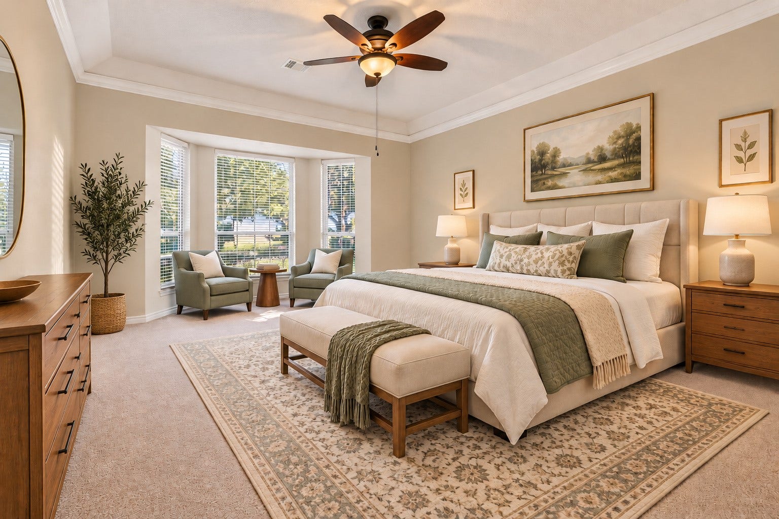 VIRTUALLY STAGED TO SHOWCASE THE POSSIBILITIES! Imagine beginning your mornings with coffee in the cozy sitting area overlooking the tree-canopied front yard! This virtually staged primary suite illustrates just how comfortably a KING-SIZE BED, nightstands, dresser & seating area can fit within this spacious 20.5' x 14.79' bedroom. Soft sage-green accents create a warm, relaxing atmosphere, while the bay windows, tray ceiling, crown molding & ceiling fan add to the room's appeal. Peaceful retreat.