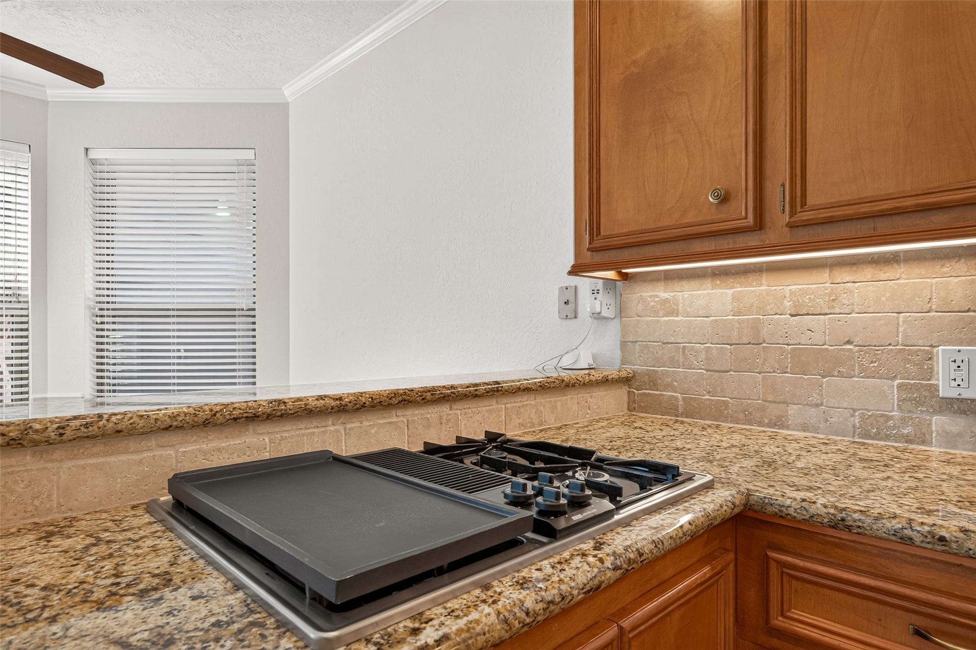 WHAT'S COOKING? Whip up pancakes on a Saturday morning, grill a favorite sandwich for lunch or prepare a delicious dinner on the Jenn-Air downdraft gas cooktop with 4 burners & an interchangeable griddle. The raised granite breakfast bar separates the kitchen from the breakfast room, offering a perfect spot for bar stools where guests can chat with the cook or an extra serving area when entertaining buffet-style. There's always room for a little conversation while something delicious is cooking.